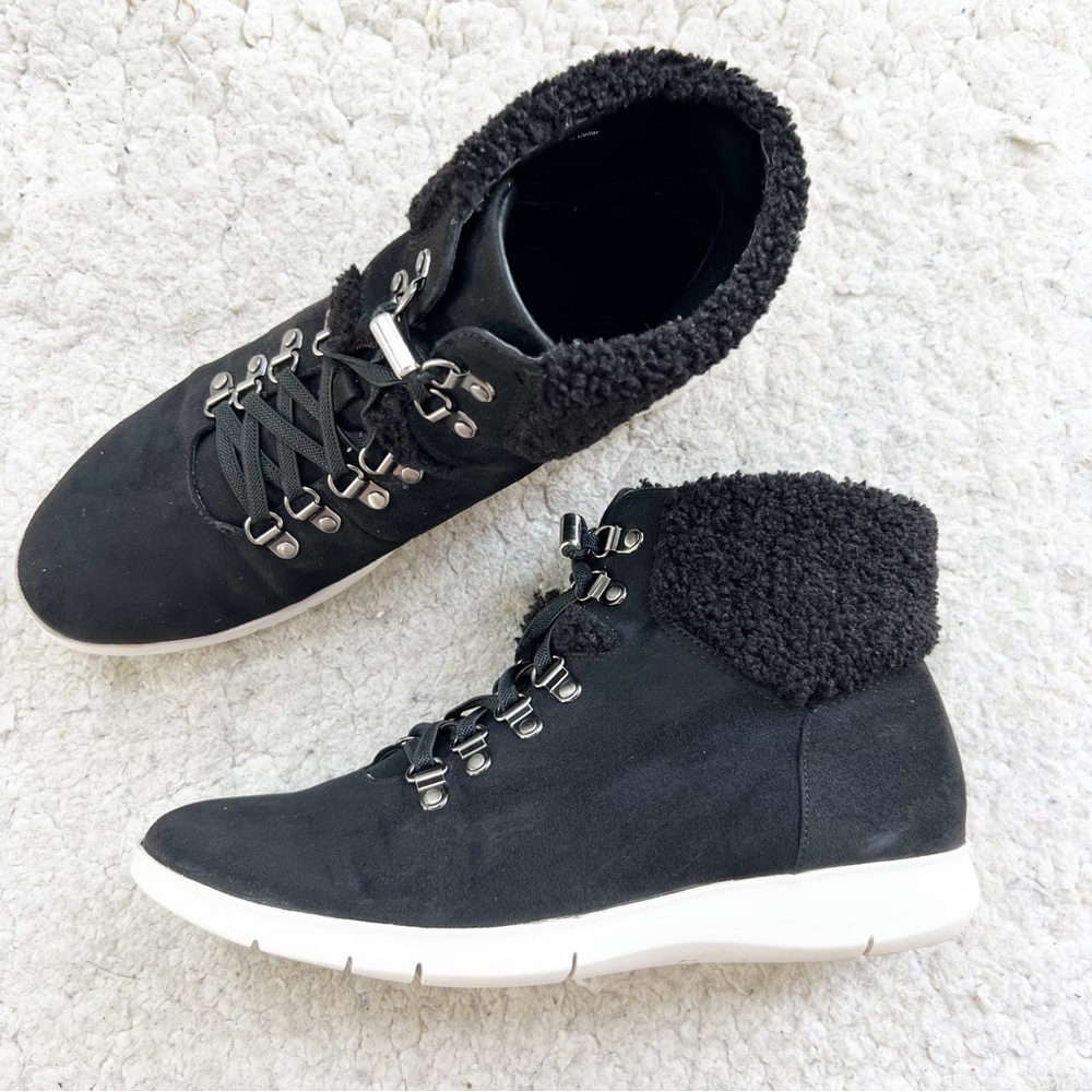 Aerosoles Frankie Lace Up Boots Size 10 Black Suede Faux Fur Sherpa Hiker